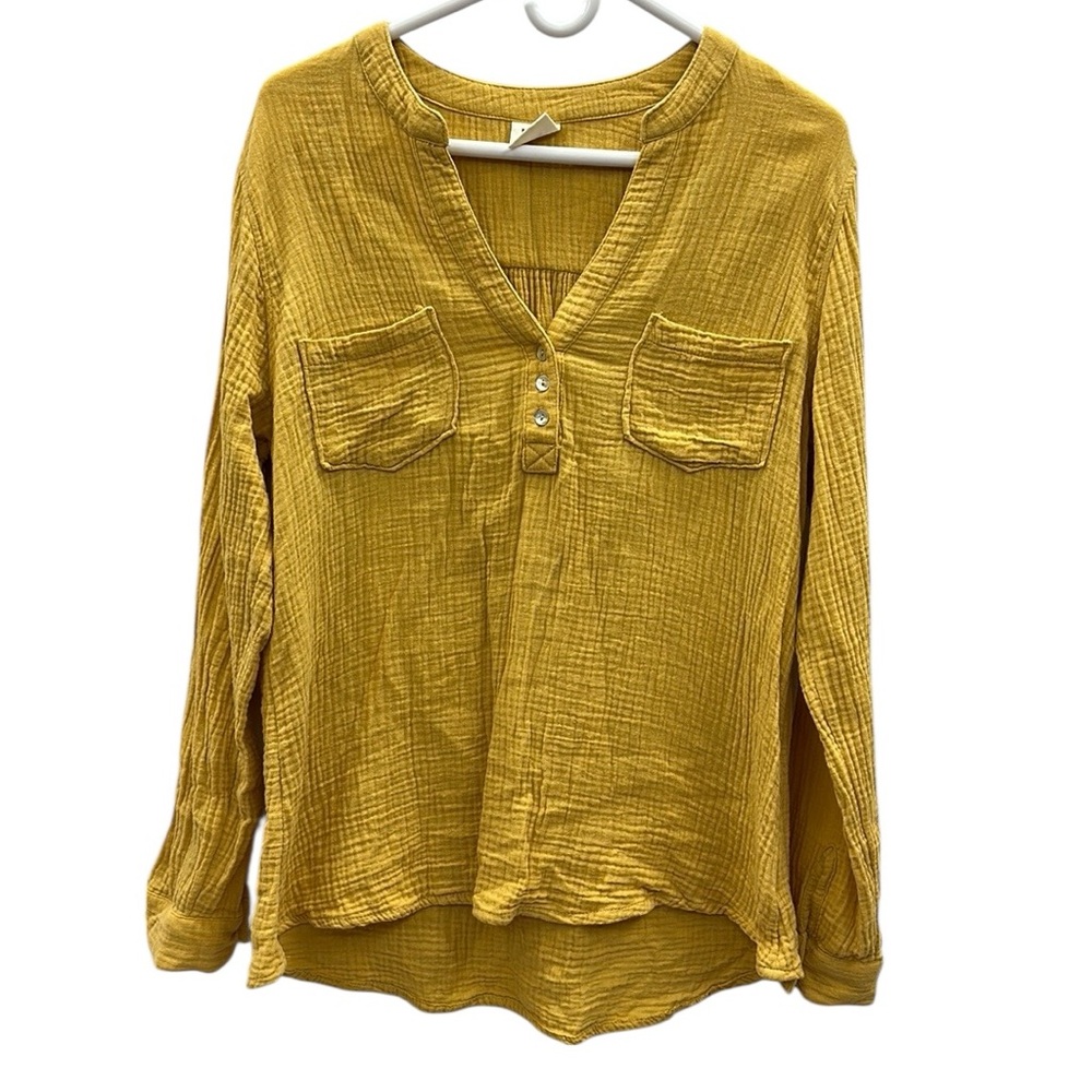 Mote Cotton Mustard Yellow Gauze Split V Neck Double Pocket Long Sleeve Top Sz L - Picture 8 of 11